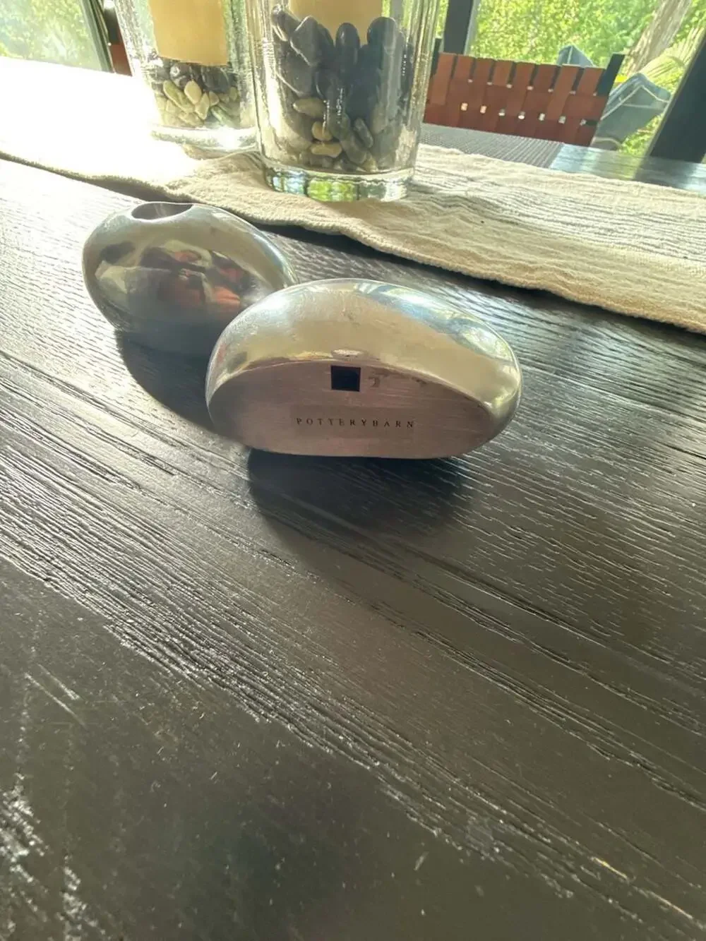 Set of 2 Pottery Barn Mid-Century Modern Style Polished Metal Pebble Candle Hold